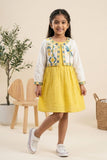 Mustard Yellow & Ivory Embroidered Dress With Cropped Jacket For Girls