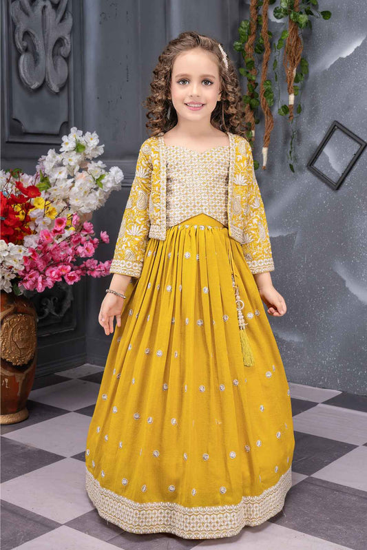 Mustard Yellow Lehenga Choli With Embroidered Jacket For Girls