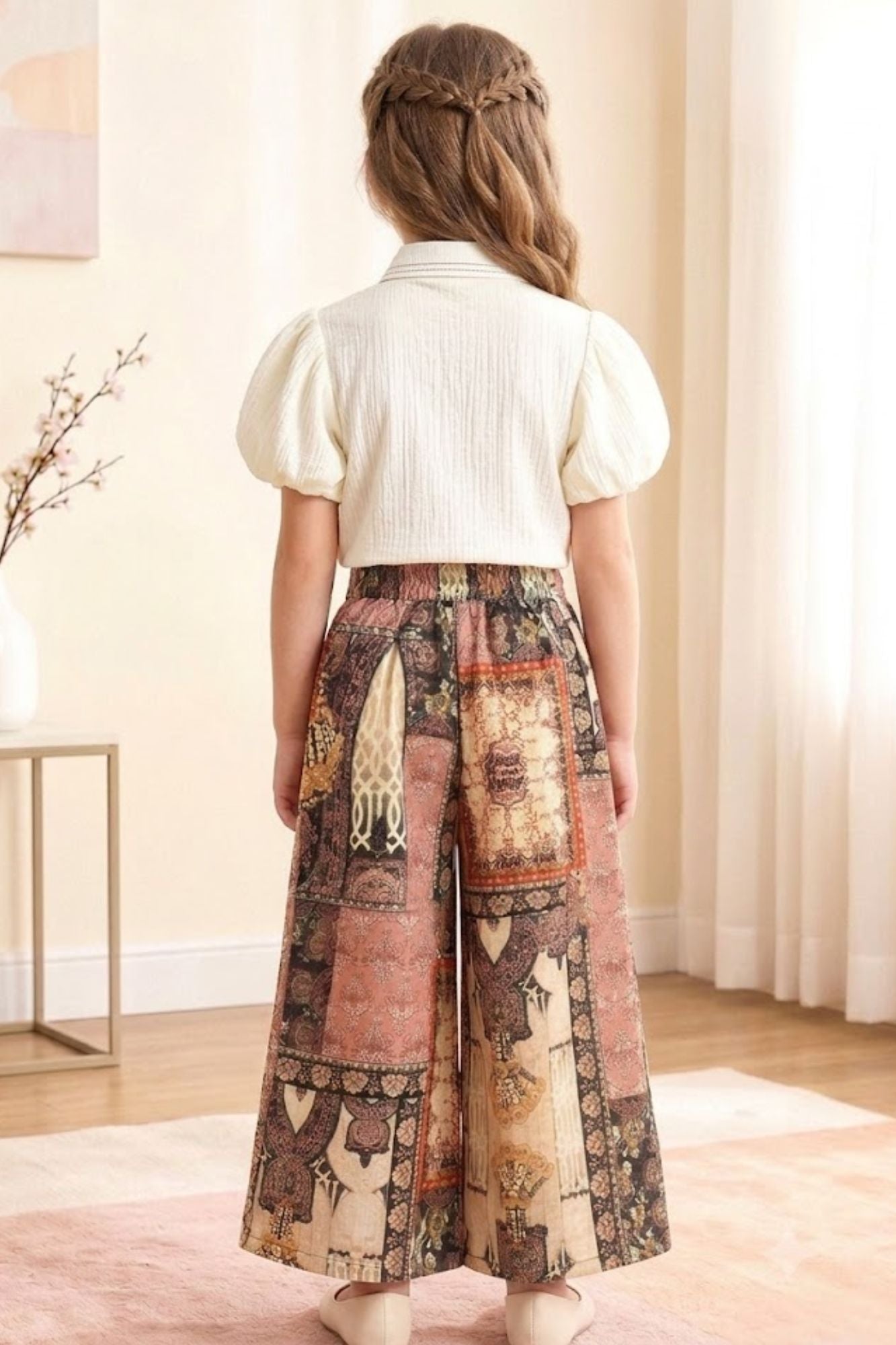 Elegant Ivory Top And Ethnic Print Wide-Leg Co-Ord Set for Girls