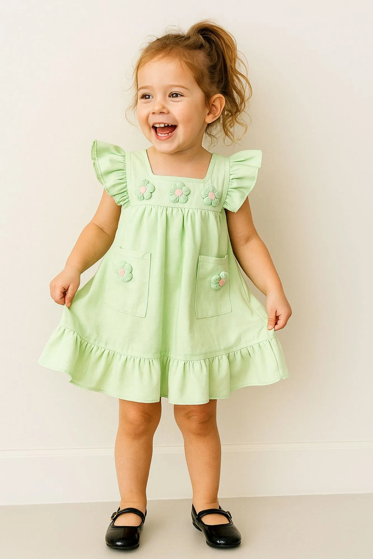 Casual Pastel Green Cotton Dress with 3D Flower Appliqué For Girls