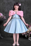 Powder Blue Party Wear Frock with Pink Bow Appliqué And Flared Skirt For Girls