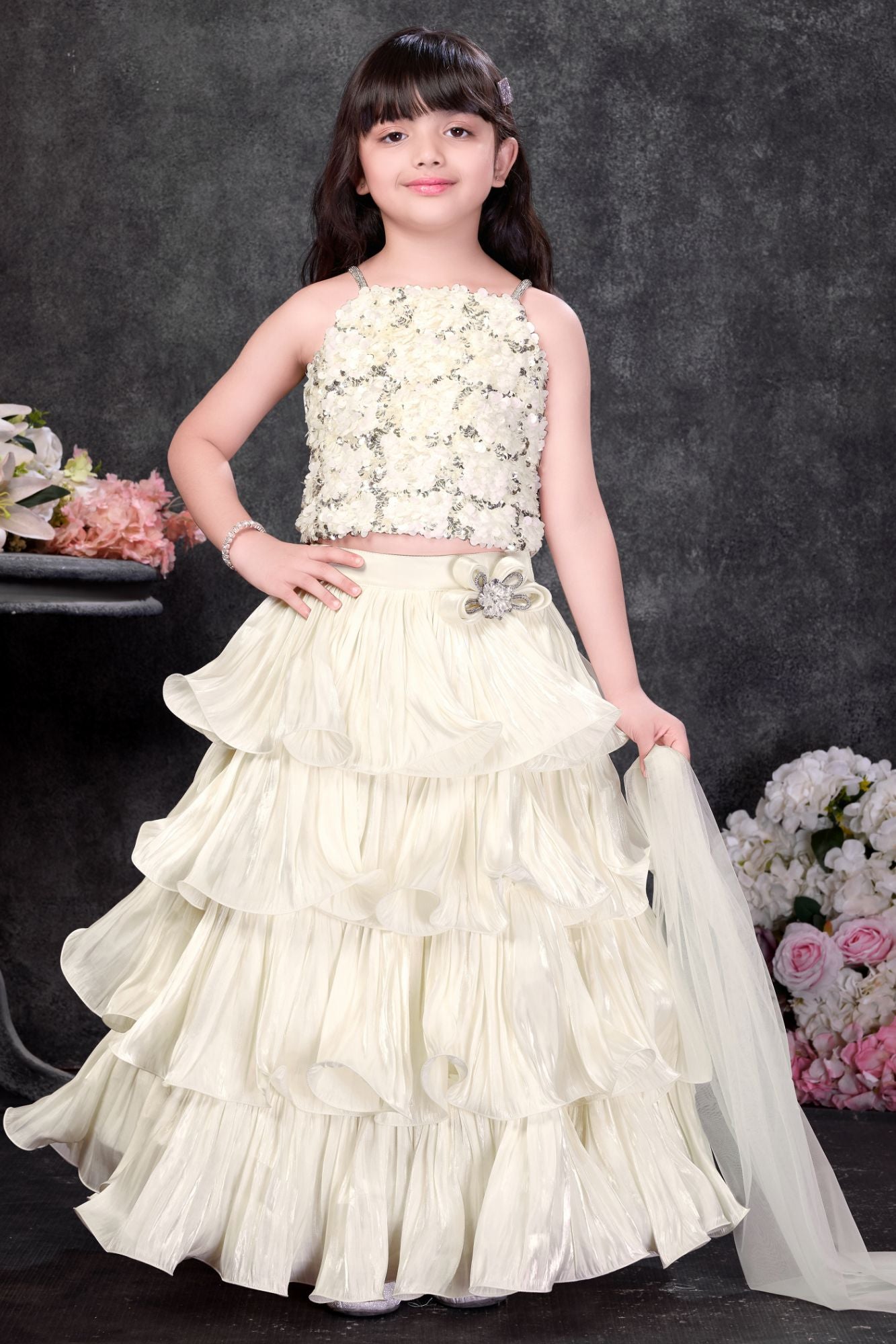 Ivory Sequin Crop Top Lehenga Set with Layered Ruffle Skirt And Dupatta For Girls