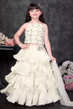 Ivory Sequin Crop Top Lehenga Set with Layered Ruffle Skirt And Dupatta For Girls