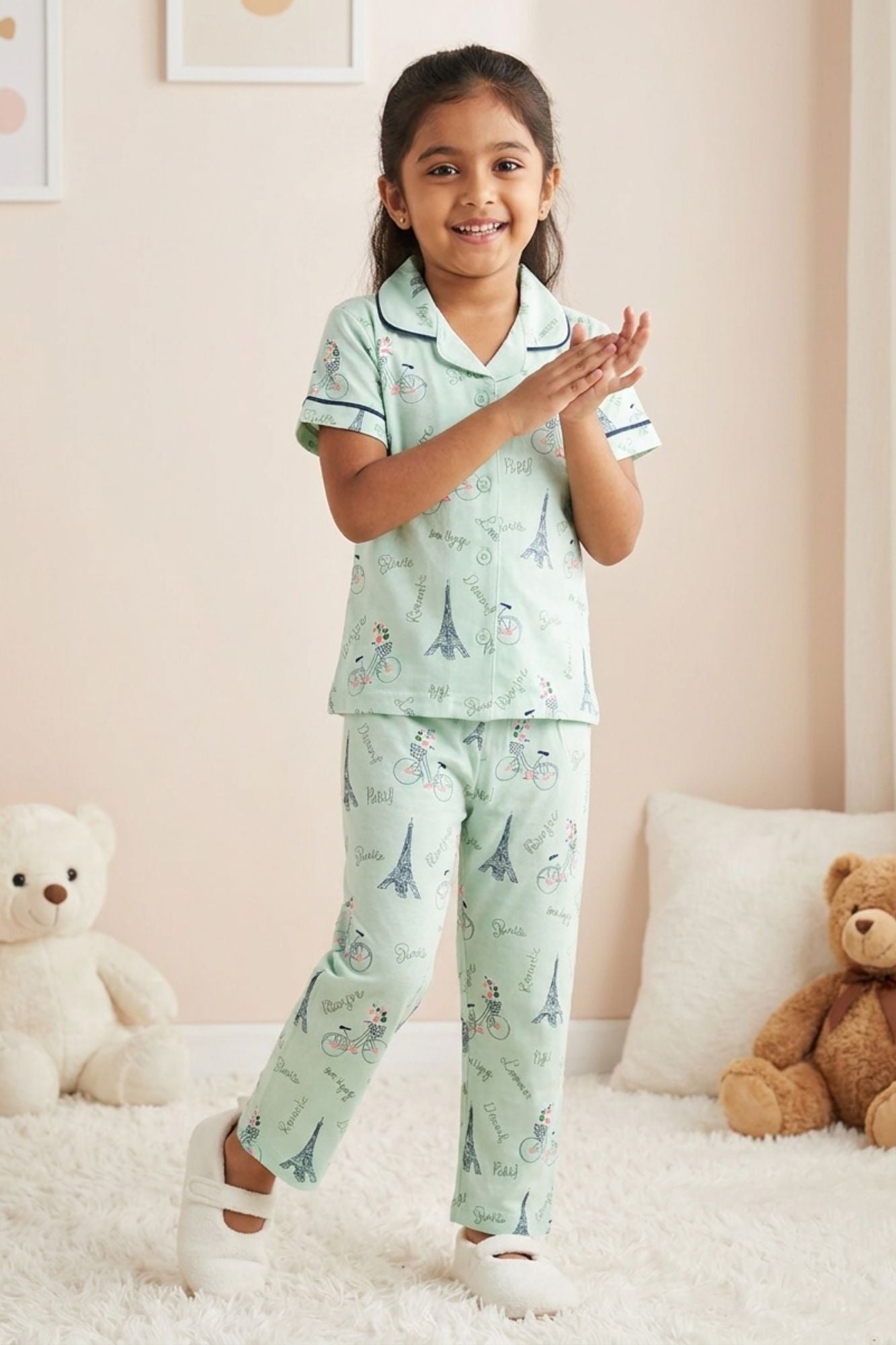 Girls Mint Green Paris Print  Night Suit Set