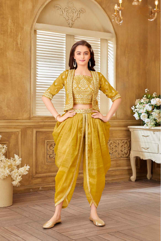 Mustard Silk And Embroidered Top With Dhoti Bottom Set For Girls