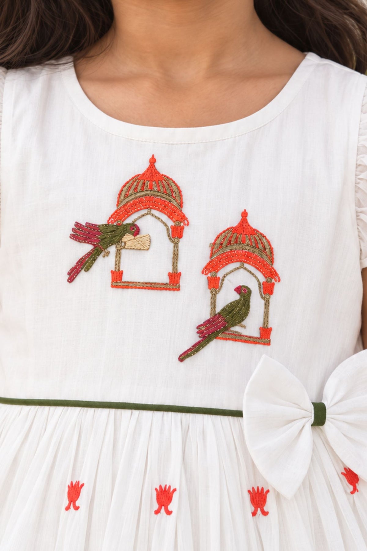 Girls White Bird Motif Embroidered Ruffle Sleeve Flared Dress