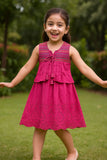Dark Pink Sleeveless Cotton Dress with Tassel Tie-Up For Girls