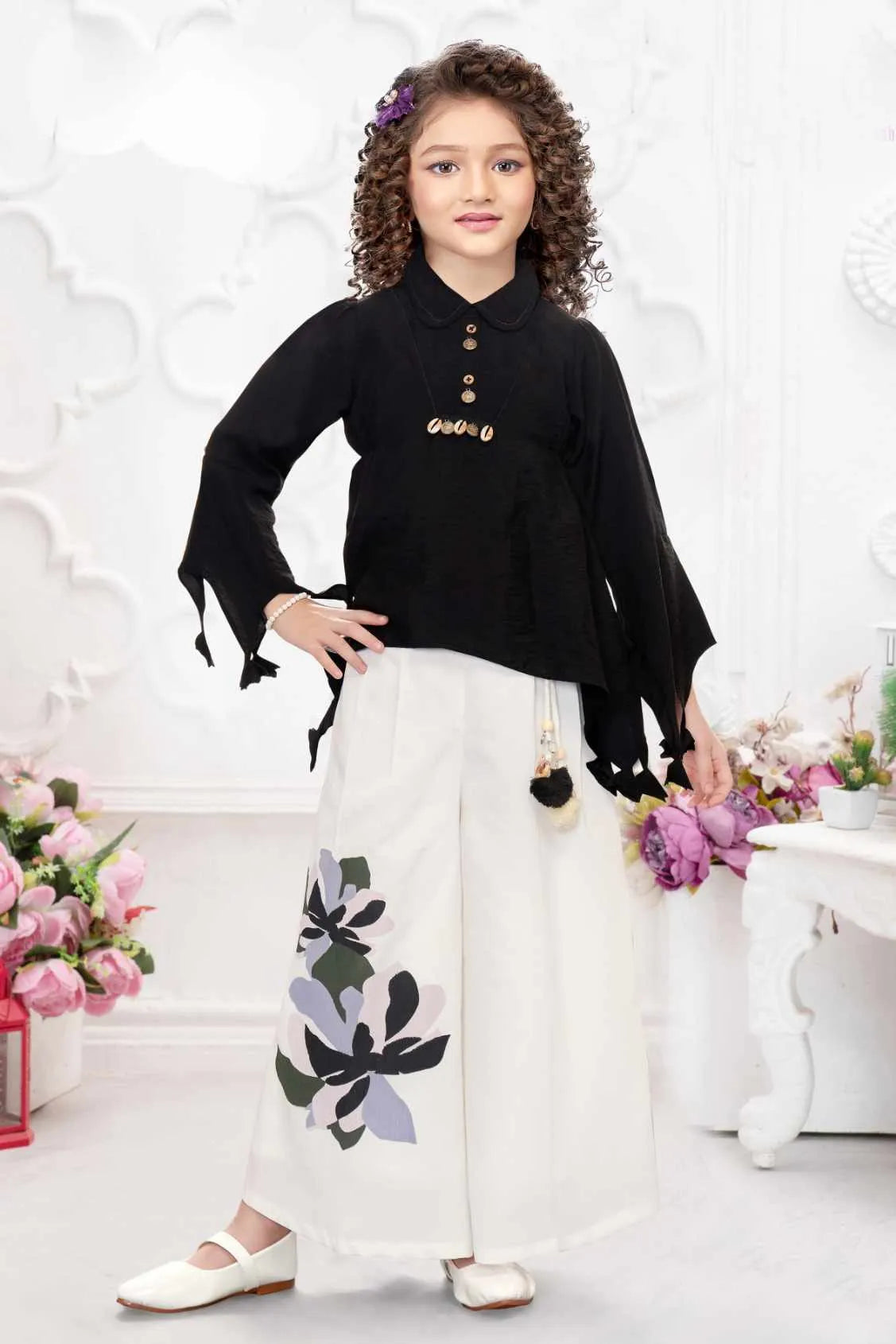 Black Top And Ivory Pants Set For Girls