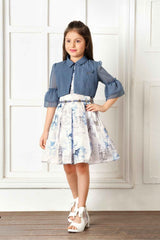 Blue Floral Printed Frock With Overcoat For Girls