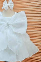 White Bow Embellished With Pearls Work Frock For Girls