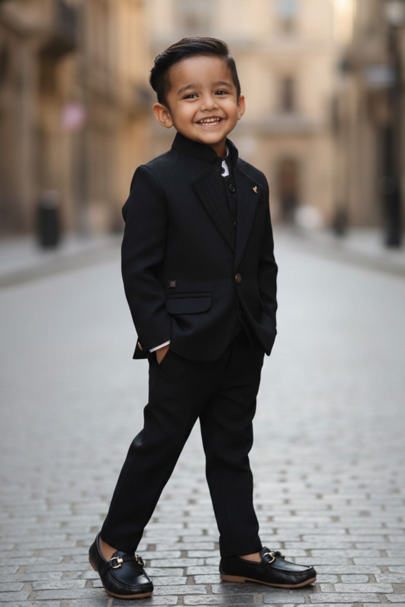 Classic Black Four Pc Suite With White Shirt Embossed Waist Coat Set For Boys
