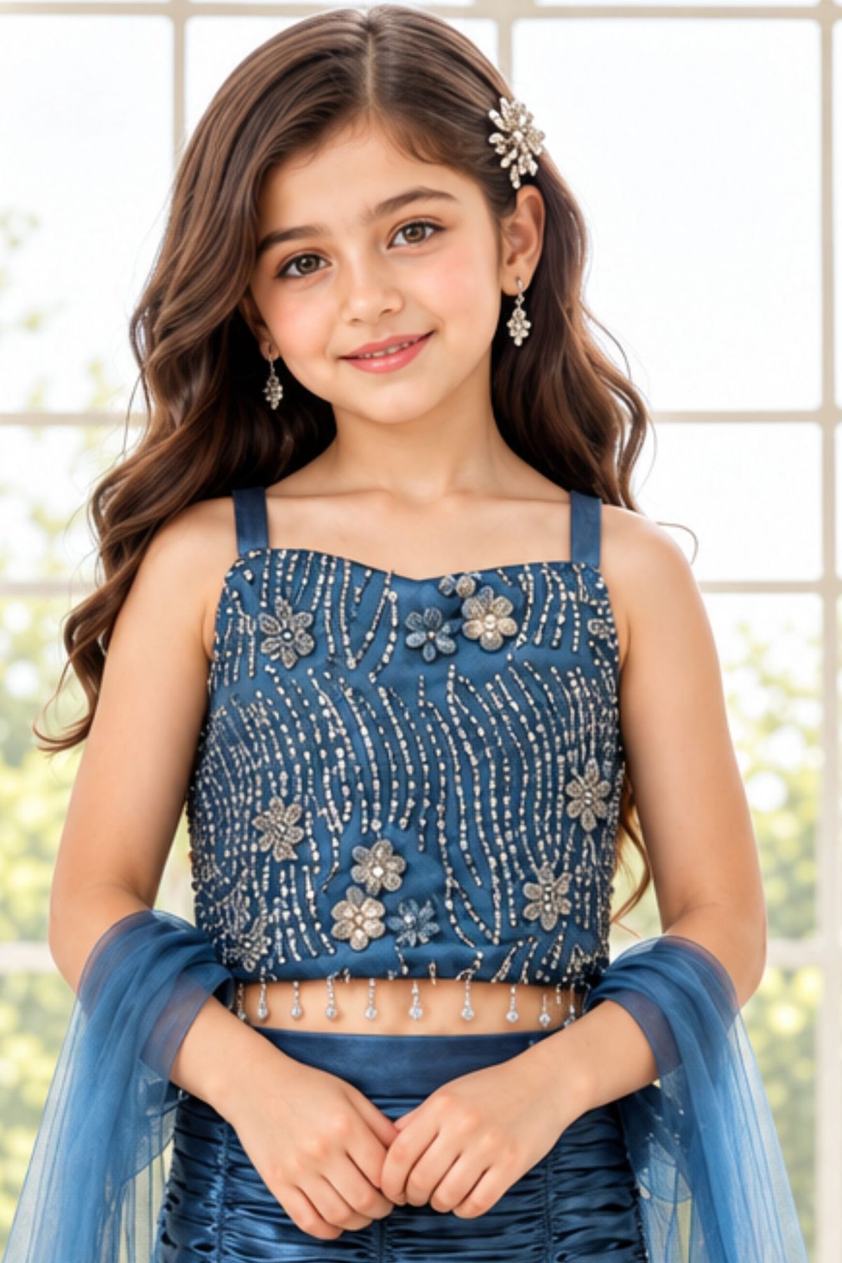 Blue Sequin Embellished Mermaid Lehenga Set For Girls