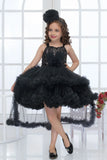 Black Sequin High-Low Layered Party Frock with Bow For Girls