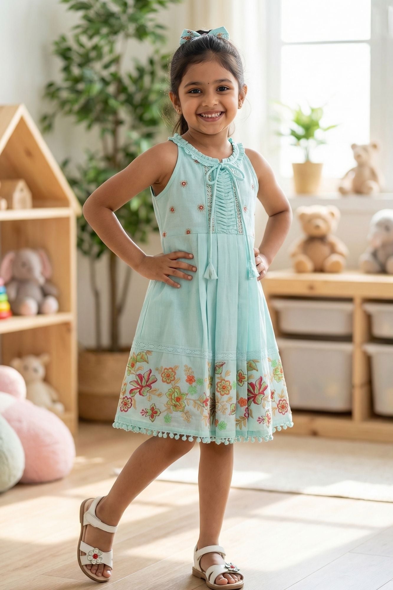 Sky Blue Floral Embroidered Frock With Ruffle Straps For Girls