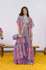 Multicolor Printed Sharara Set With Over Coat For Girls