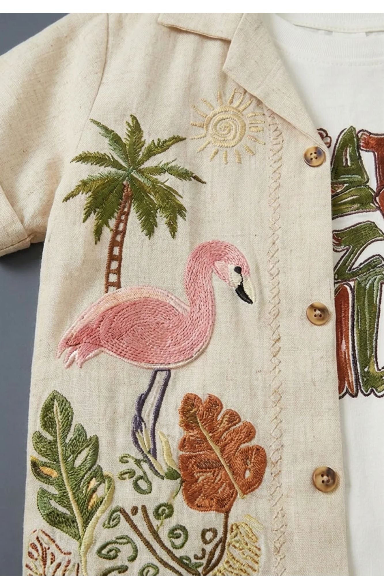 Boys Beige Shorts Set with Tropical Embroidered Shirt And Printed Tee