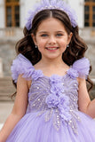 Girls Lavender Ruffle Tailback Party Dress With Pearl And 3D Floral Work Detail