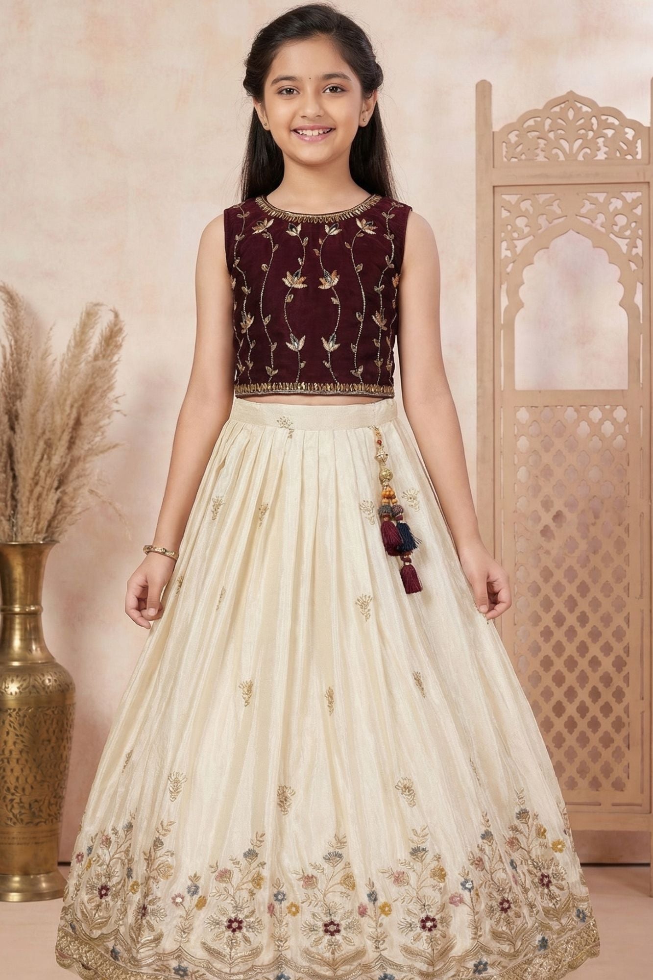 Cream Embroidered Lehenga Choli With Floral Border Design For Girls