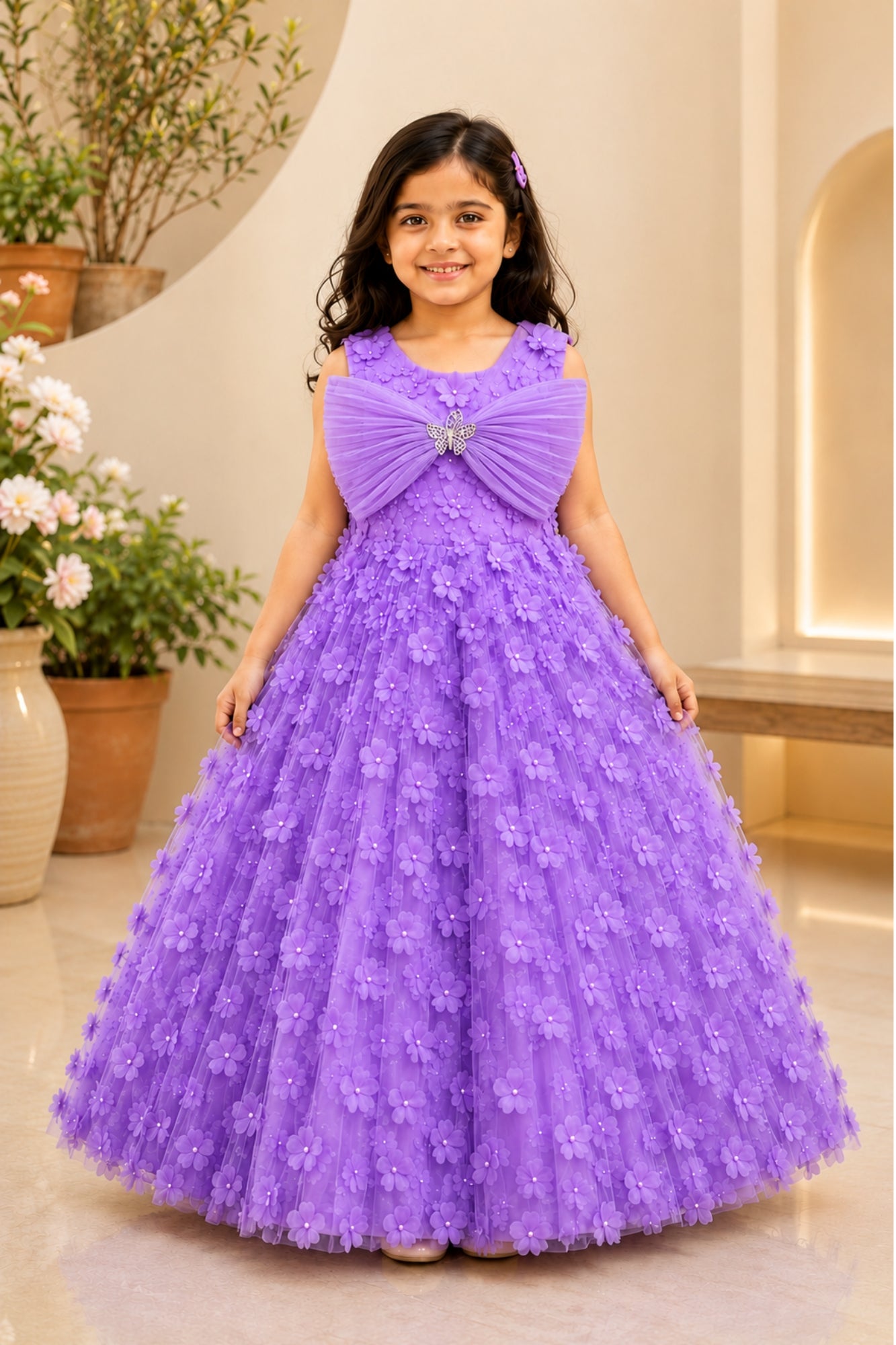 Lavender 3D Floral Appliqué Party Gown With Pleated Bow And Butterfly Brooch For Girls