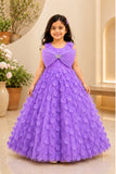 Lavender 3D Floral Appliqué Party Gown With Pleated Bow And Butterfly Brooch For Girls
