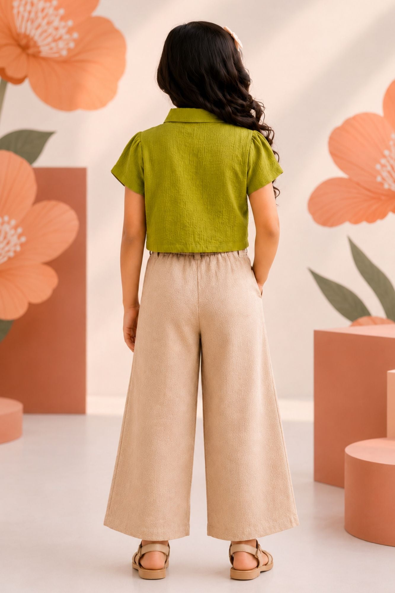 Pista Green Applique Top with Beige Wide Leg Pants Set