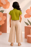 Pista Green Applique Top with Beige Wide Leg Pants Set