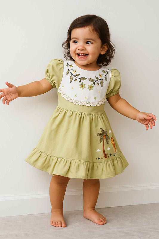 Olive Green Embroidered Cotton Frock With Puff Sleeves For Girls