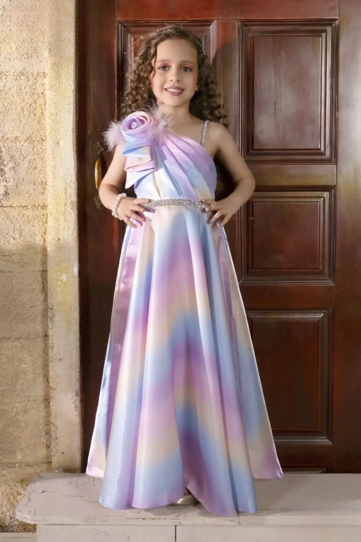 Multicolor Gown Embellished With Floral And Stone Waist Band For Girls