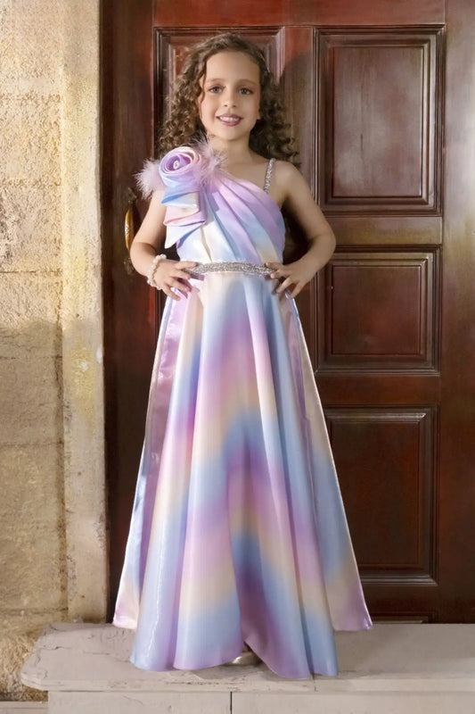 Multicolor Gown Embellished With Floral And Stone Waist Band For Girls