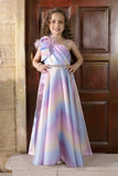 Multicolor Gown Embellished With Floral And Stone Waist Band For Girls