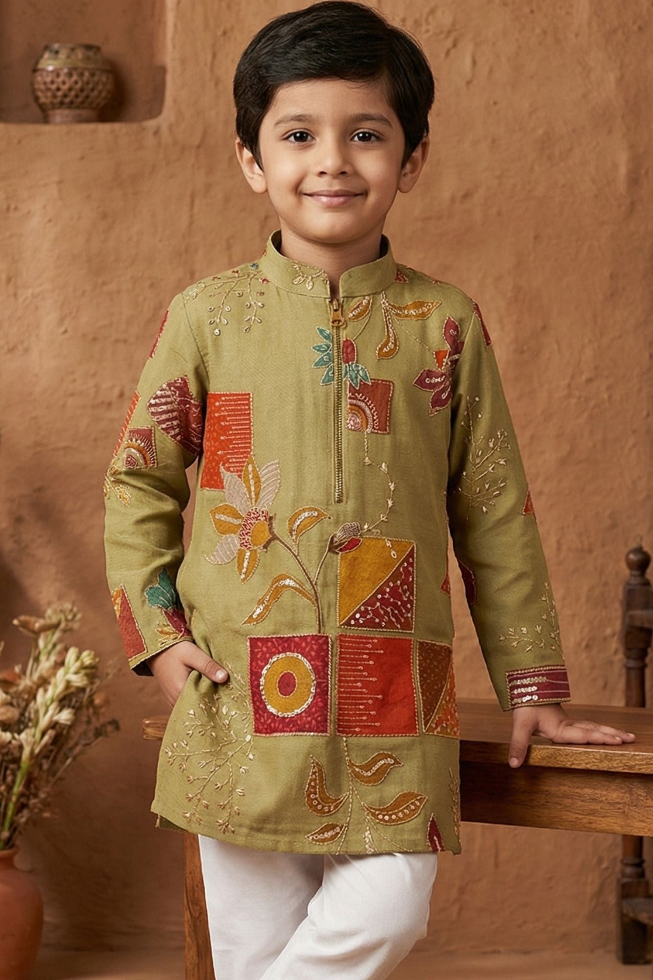 Olive Green Embroidered Patchwork Kurta Set For Boys