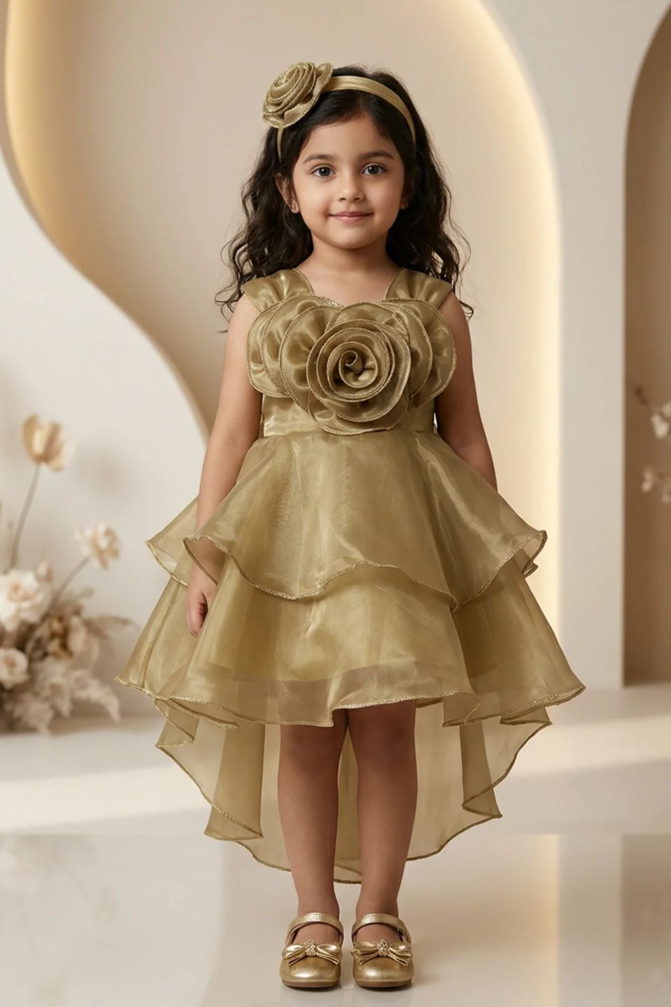 Gold High Low Party Frock with 3D Floral Applique and Layered