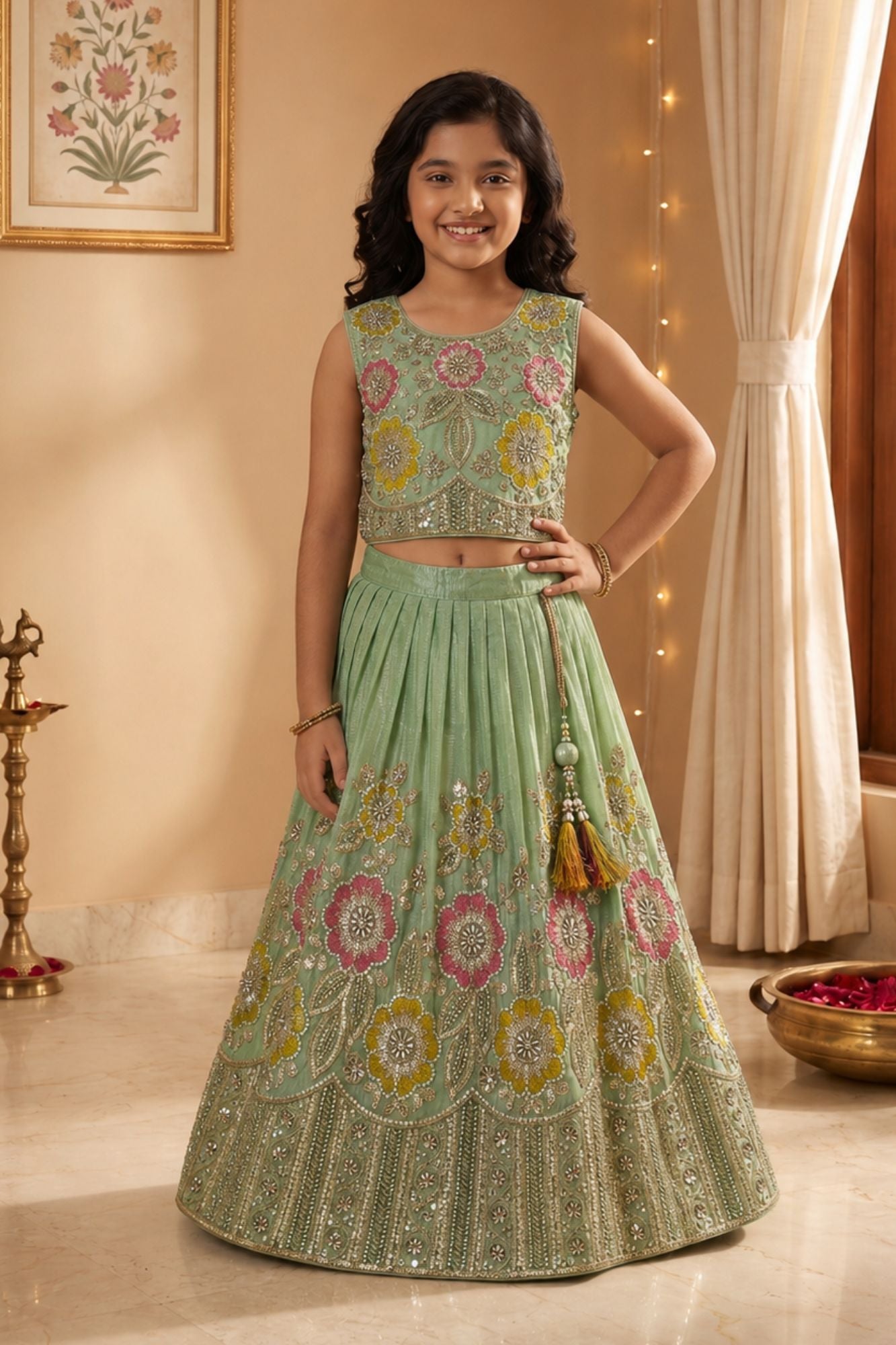 Pista Green Floral Embellished Lehenga Choli Set