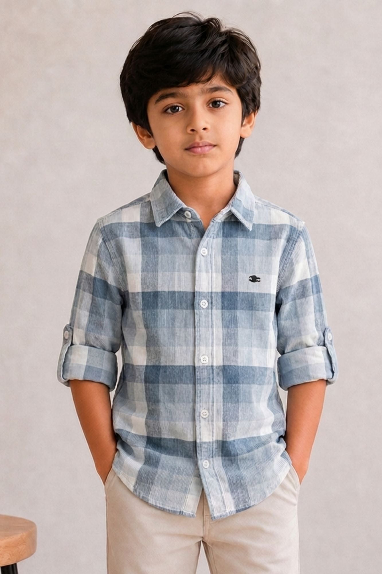 Boys Light Blue & White Checked Full Sleeve Casual Shirt