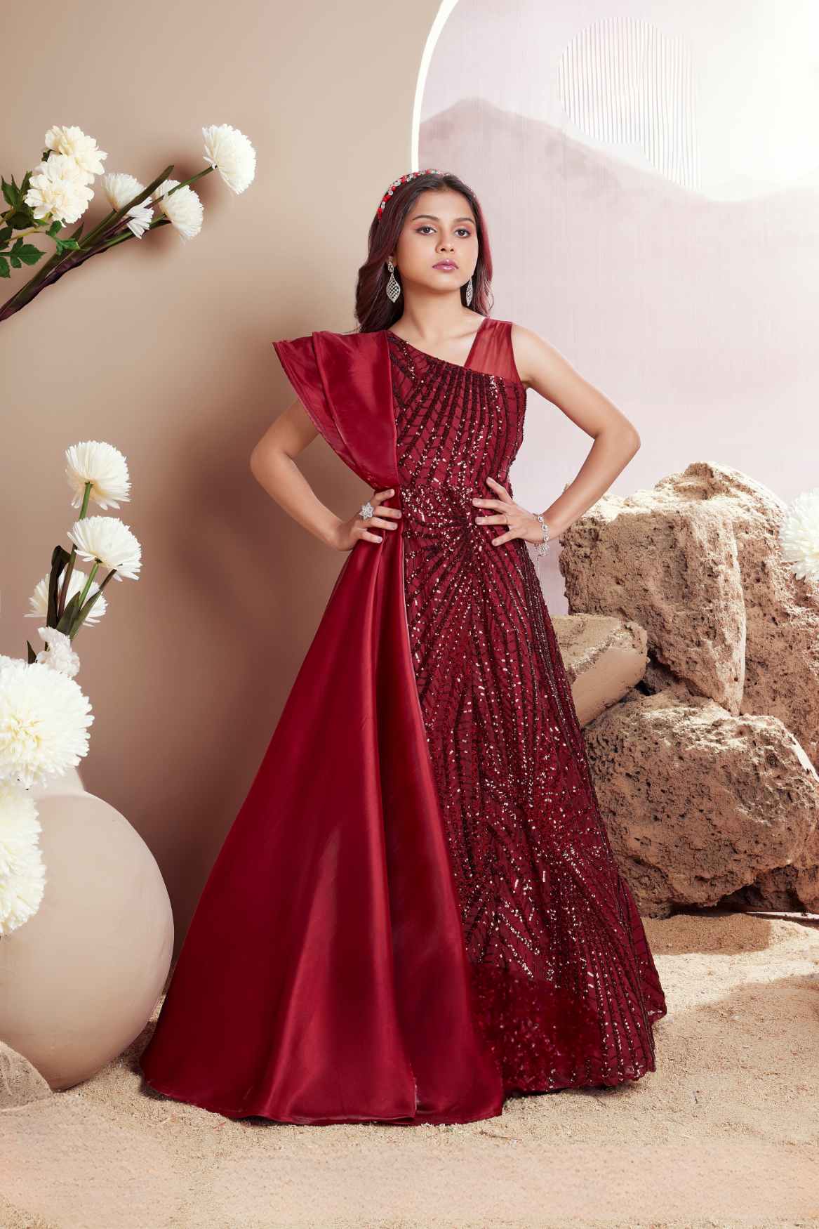 Designer Red Sequined Partywear Gown For Girls