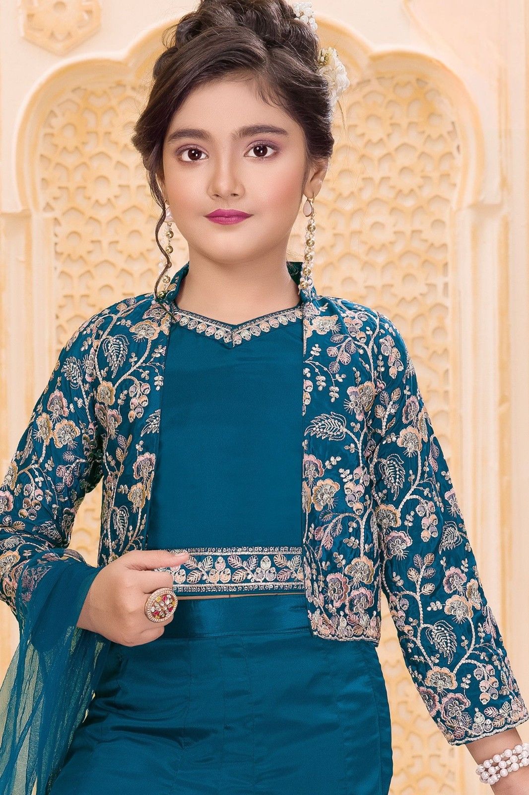 Teal Blue Embroidered 3-Piece Palazzo Set for Girls