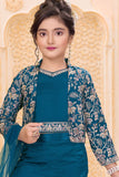Teal Blue Embroidered 3-Piece Palazzo Set for Girls