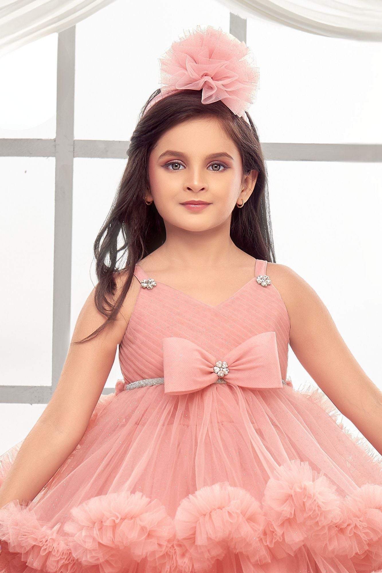Peach High-Low Party Wear Tulle Frock with Bow Detail For Girls