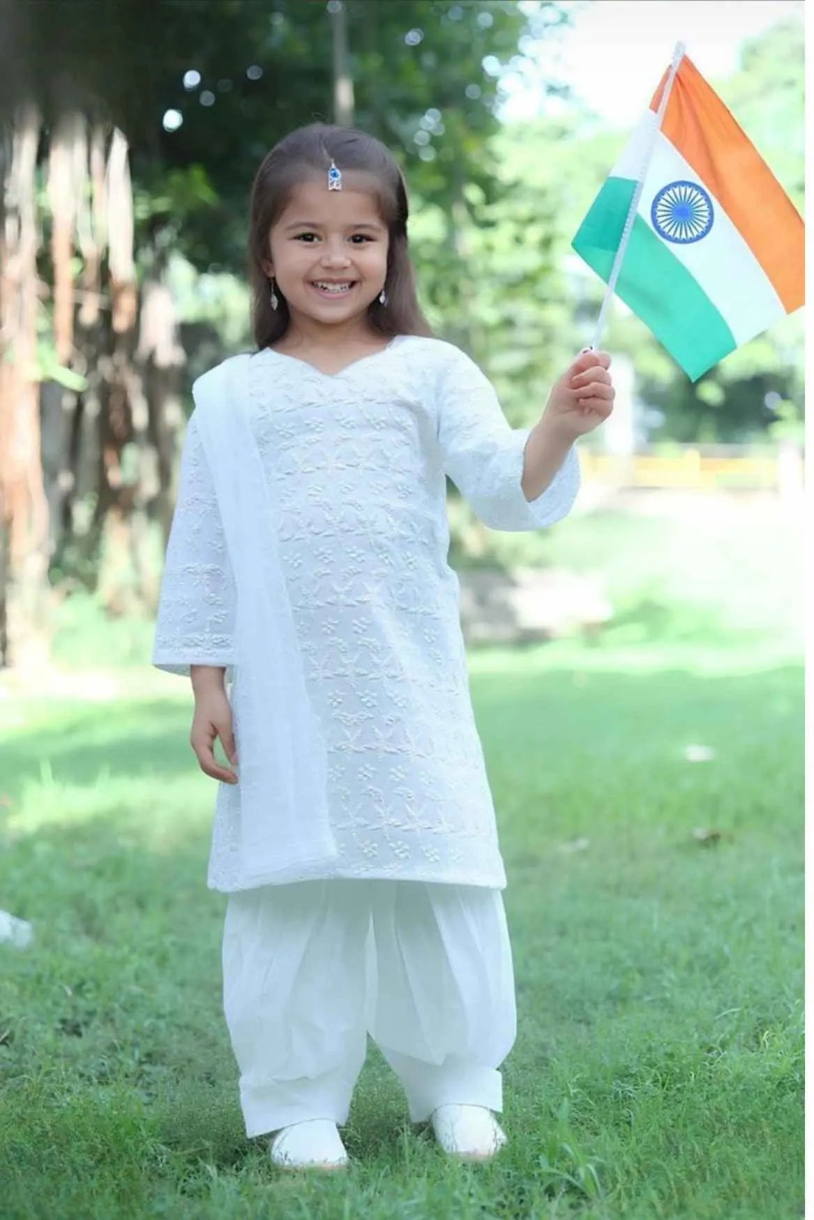 White Kurta Patiala Set with Chikankari Embroidery and Dupatta For Girls