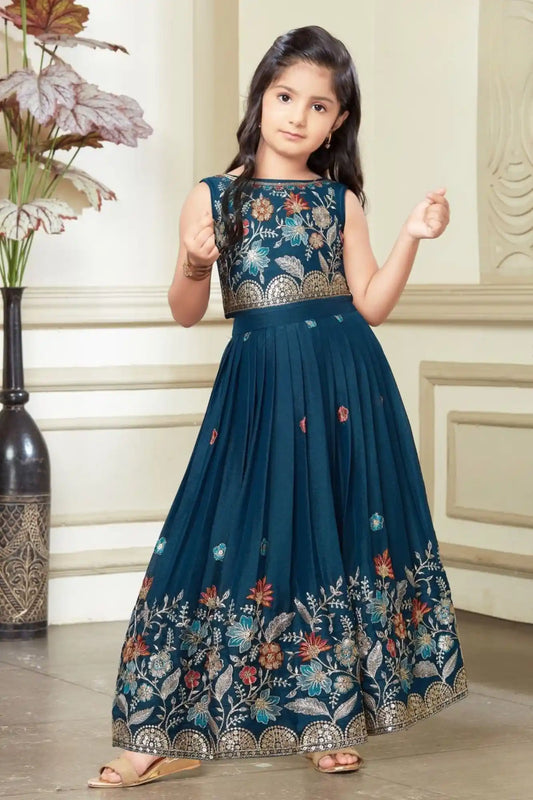 Peacock Blue Floral Embroidered Ethnic Lehenga Choli for Girls