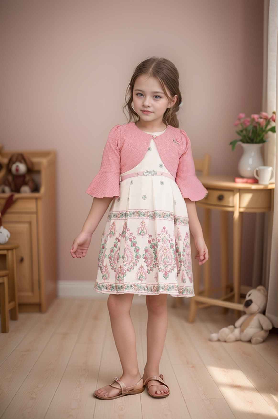 Pink And Cream Printed Casual Dress With Overcoat For Girls