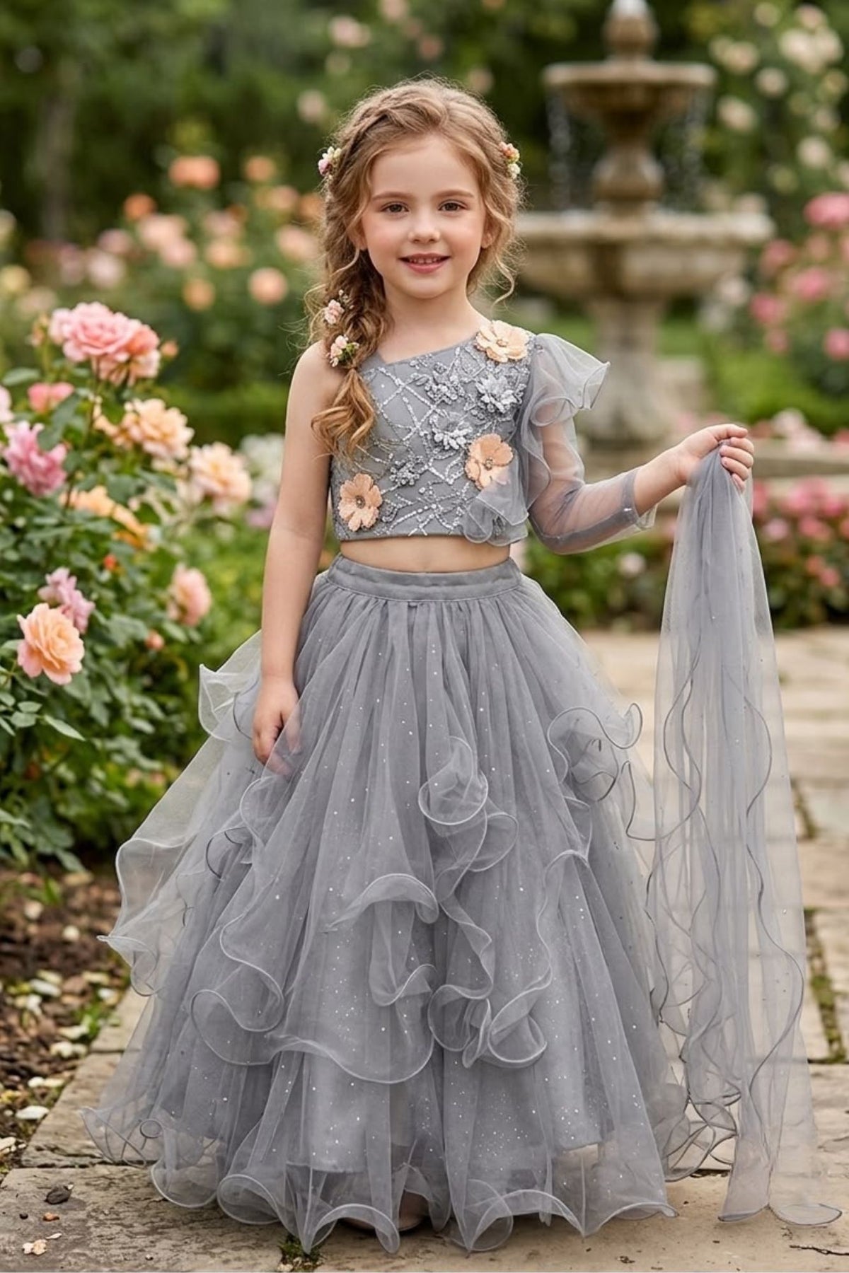 Dusty Grey Floral Ruffle Lehenga Choli For Girls