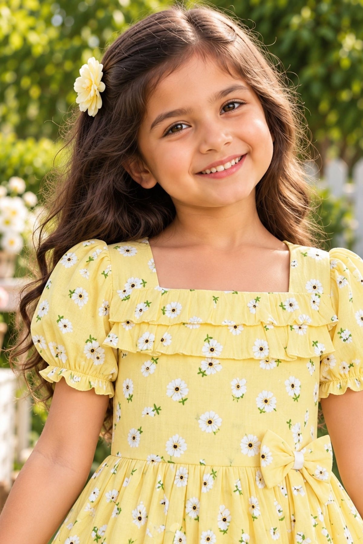 Girls Yellow Floral Printed Puff Sleeve Fit And Flare Dress