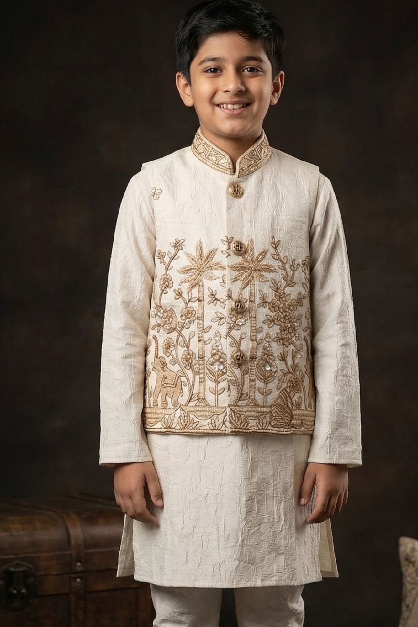 Ivory Gold Embroidered Jacket Kurta Set With Jacket For Boys