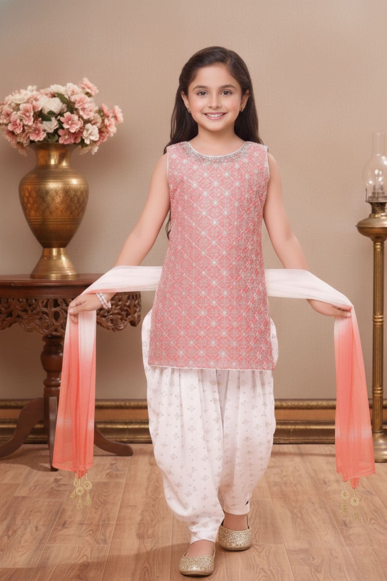 Peach Embroidered Patiala Suit Set With Dupatta For Girls