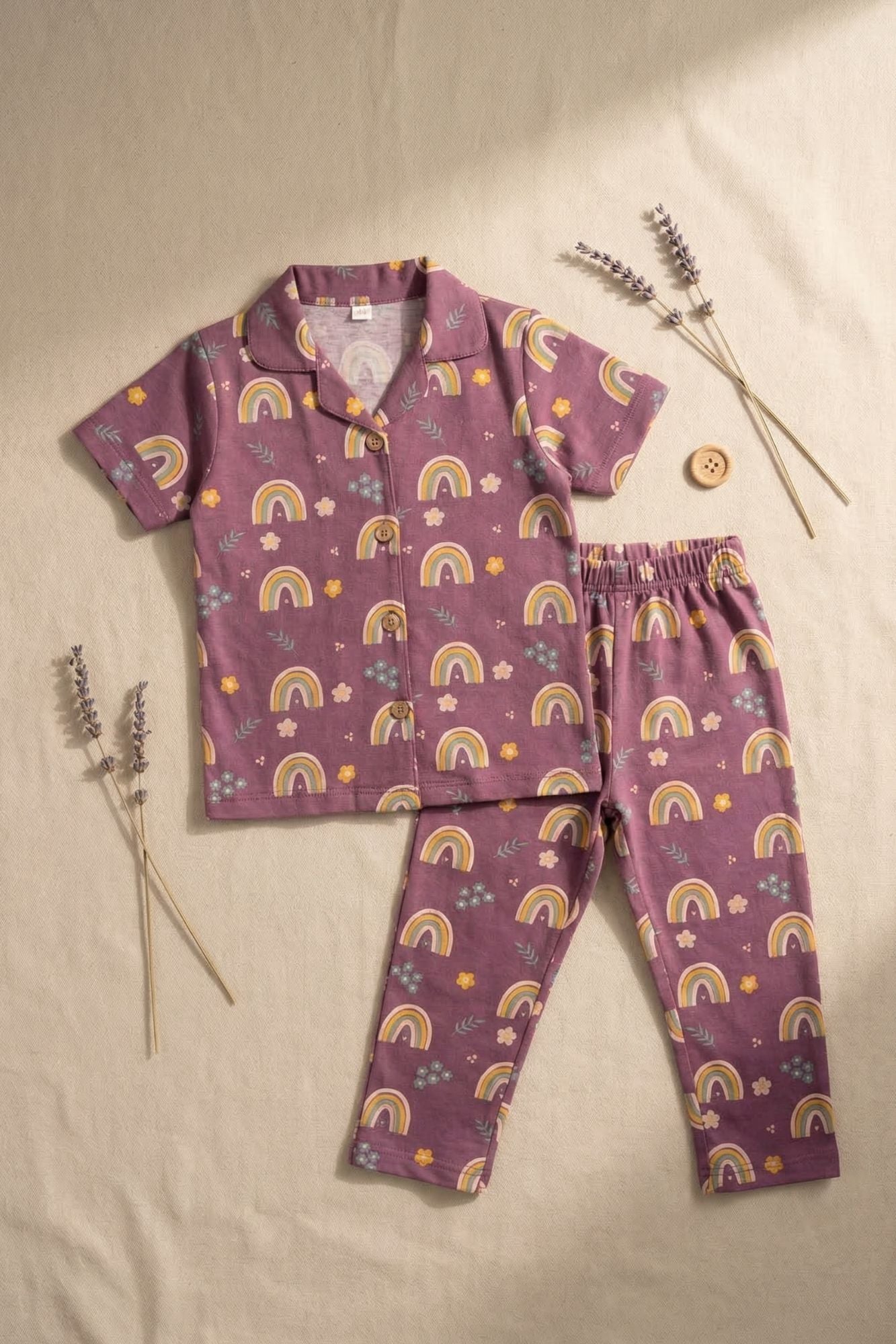 Purple Rainbow Print Night Suit Set For Girls
