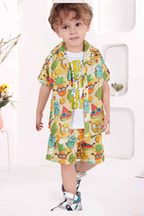 Yellow Printed Shirt And Short With White T-shirt Set For Boys