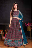 Wine Lehenga Choli Set With Printed And Sequin Work For Girls