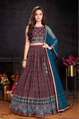 Wine Lehenga Choli Set With Printed And Sequin Work For Girls