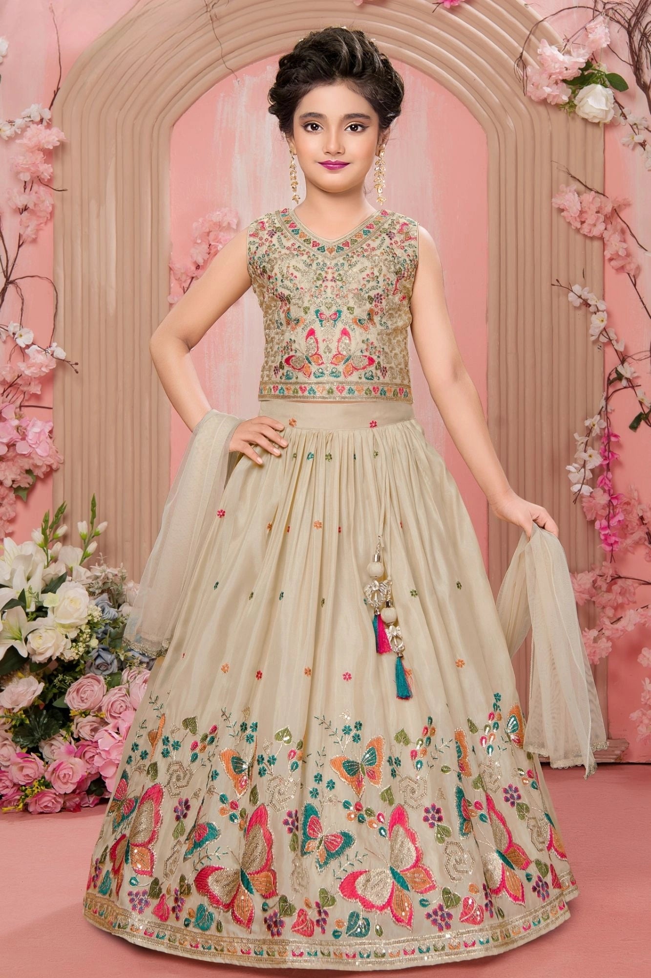 Beige Multi-Color Butterfly Sequins Embroidered Lehenga Choli Set for Girls